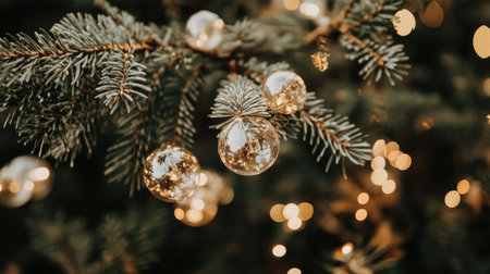 A close-up view capturing the beauty of a Christmas tree branch adorned with glittering ornaments. Perfect for holiday themes and seasonal decor.の素材