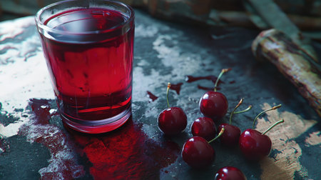 A vibrant glass of fresh cherry juice sits on a dark rustic table, accompanied by ripe cherries. The rich red color and droplets create an inviting scene, perfect for summer.の素材