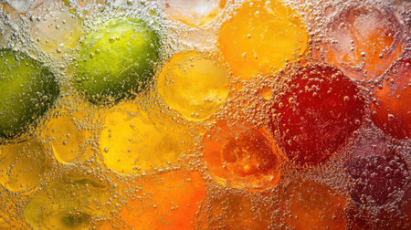 A vibrant close-up of colorful citrus fruits with bubbles in a refreshing beverage. The sparkling textures and bright colors create an inviting drink scene.の素材