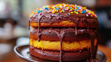 A mouthwatering layer cake features rich chocolate and vibrant sprinkles, perfect for celebrations. Ideal for any festive occasion or sweet indulgence.の素材