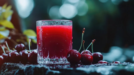 A refreshing cherry juice served over ice in a clear glass, surrounded by fresh cherries. Captured in a natural outdoor setting, perfect for summer hydration.の素材