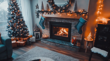 A cozy living room adorned for Christmas, featuring a decorated tree, stockings, and a glowing fireplace, creating a warm holiday atmosphere.の素材