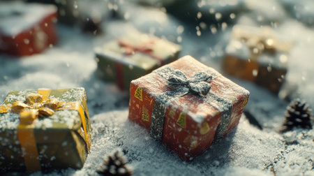 A collection of beautifully wrapped gifts set against a snowy landscape, creating a festive winter atmosphere. Perfect for holiday-themed projects.の素材