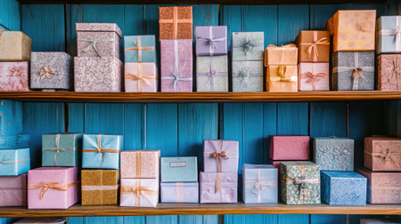 A vibrant collection of colorful gift boxes neatly arranged on wooden shelves, featuring various textures and patterns against a blue backdrop. Perfect for celebrating special occasions.の素材