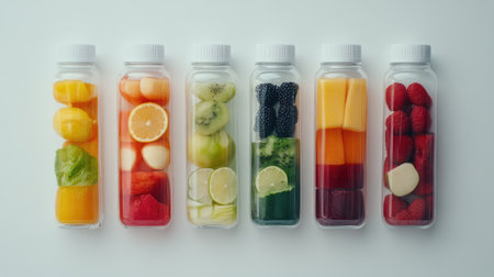 Bright and vibrant bottles filled with assorted fresh fruits and vegetables arranged elegantly on a white surface, ideal for wellness and nutrition concepts.の素材