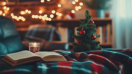 A cozy indoor Christmas scene featuring an open book, a glowing candle, and a mini tree. Ideal for evoking holiday spirit and warmth.の素材
