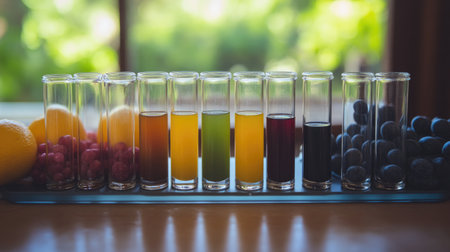 A vivid arrangement of colorful juice shots in clear glasses, surrounded by fresh fruits. Perfect for showcasing healthy beverages in a bright kitchen setting.の素材
