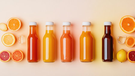 A vibrant display of fresh fruit juices in bottles, surrounded by various citrus fruits and ice. Perfect for promoting healthy beverages and summer refreshments.の素材