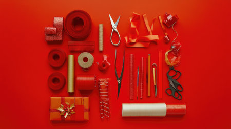 A striking collection of red gift wrapping supplies and tools beautifully arranged on a bold red background, perfect for creative holiday projects and celebrations.の素材