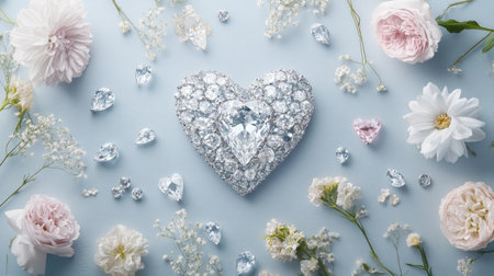 A stunning heart-shaped arrangement featuring delicate flowers and sparkling gemstones creates a romantic and elegant atmosphere perfect for celebrations and events.の素材