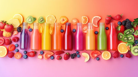 A stunning display of colorful bottles filled with fresh fruit juice, surrounded by an array of vibrant fruits. Ideal for health and wellness themes.の素材