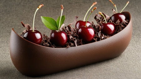 A stunning display of fresh cherries nestled in a stylish bowl filled with chocolate shavings. This elegant composition captures the essence of culinary artistry and appeals to food lovers.の素材