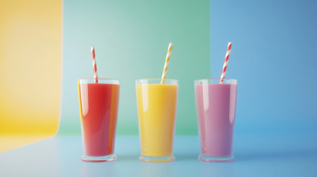 Three vibrant fruit smoothies in clear glasses feature colorful straws against a cheerful background. Perfect for summer refreshment and healthy living!の素材