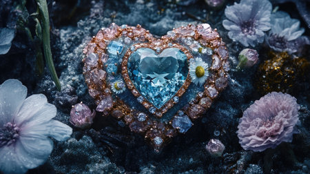 A captivating heart-shaped gemstone rests among delicate flowers, showcasing vibrant hues and intricate details. This enchanting composition evokes a sense of beauty and elegance.の素材