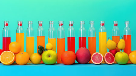 A vibrant display of bottled fruit juices alongside fresh fruits on a bright background. Perfect for summer themes, healthy lifestyle, and beverage promotions.の素材