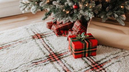 A beautifully wrapped red gift box sits beneath a Christmas tree, adding a festive touch to a cozy indoor space. The rug and decorations enhance the holiday spirit.の素材