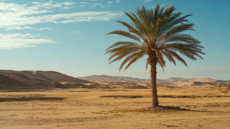 A solitary palm tree stands tall in a serene desert landscape, showcasing the contrast of vibrant greenery against the sandy dunes and clear blue sky.の素材