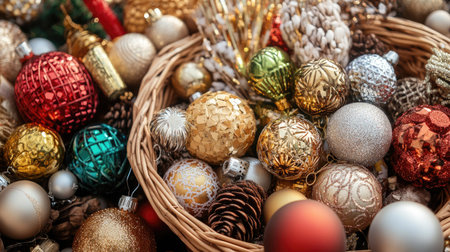 A charming display of colorful holiday ornaments in a woven basket, showcasing a blend of textures and vibrant colors, perfect for seasonal decoration.の素材