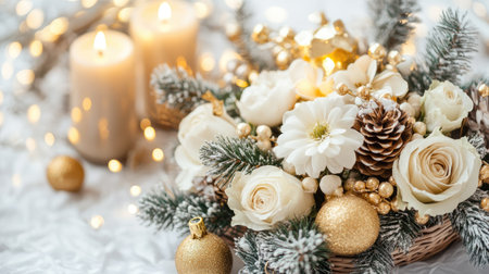 A beautiful festive floral arrangement featuring white roses, pine, and gold ornaments, complemented by glowing candles, perfect for holiday celebrations.の素材