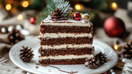 A delicious slice of chocolate cake layered with creamy frosting, adorned with pinecones and festive ornaments, perfect for holiday celebrations and winter gatherings.の素材