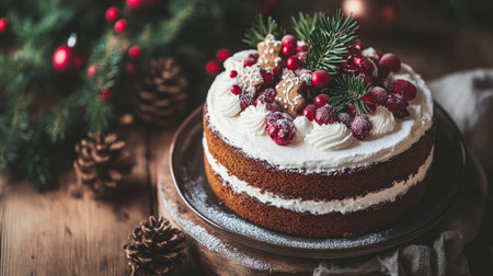 A beautifully decorated Christmas cake featuring whipped cream, berries, and festive garnishes. Ideal for holiday gatherings and celebrations.の素材