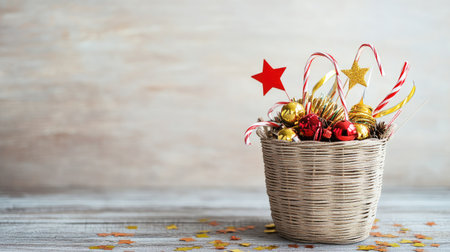 This festive basket features colorful ornaments and cheerful decorations, perfect for holiday celebrations. A warm and inviting setup for winter gatherings.の素材