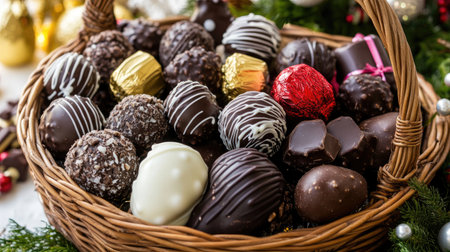 A stunning basket filled with an array of handcrafted chocolate truffles, showcasing rich flavors and textures, perfect for festive celebrations or gift giving.の素材