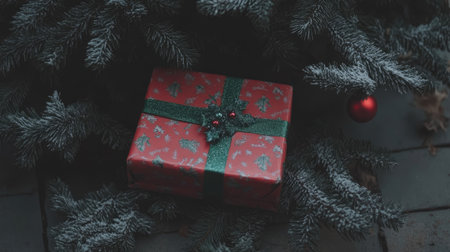 A beautifully wrapped Christmas gift box in festive red and green sits under pine tree branches. Perfect for evoking holiday spirit and warmth.の素材