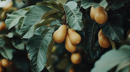 A striking image of ripe yellow fruits nestled among lush green leaves, showcasing the beauty of nature and agricultural growth in a vibrant setting.の素材