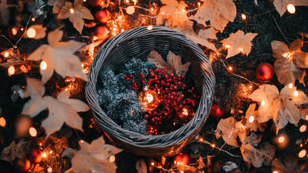A charming basket filled with vibrant berries and nestled among autumn leaves, illuminated by warm fairy lights, creating a serene and festive atmosphere.の素材