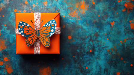 A vibrant orange gift box adorned with a butterfly decoration, positioned on an abstract blue and orange textured surface, perfect for celebrations and artistic themes.の素材