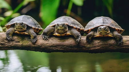 Three turtles rest on a log basking in the sunlight next to a calm body of water. Their serene environment showcases the beauty of wildlife in nature.の素材