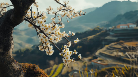 A serene view featuring blooming cherry blossoms against lush green hills and mountains, capturing the essence of nature's beauty in springtime.の素材