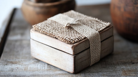 A beautifully crafted rustic wooden box featuring natural fabric and twine. Perfect for gift giving or decorative storage in home settings.の素材