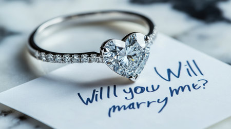 An exquisite heart-shaped engagement ring placed on a proposal note, symbolizing love and commitment. The sparkling diamond shines brightly, enhancing the romantic message.の素材