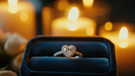 A stunning heart-shaped diamond ring rests in a plush velvet box, surrounded by soft candlelight and elegant roses, evoking romance and luxury for special occasions.の素材