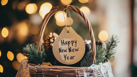 A beautifully arranged festive gift basket featuring a "Happy New Year" tag, adorned with pine and festive decorations, perfect for seasonal celebrations.の素材