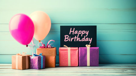 A vibrant birthday setup featuring colorful balloons and beautifully wrapped gifts against a vintage wooden backdrop, perfect for celebrations and greetings.の素材