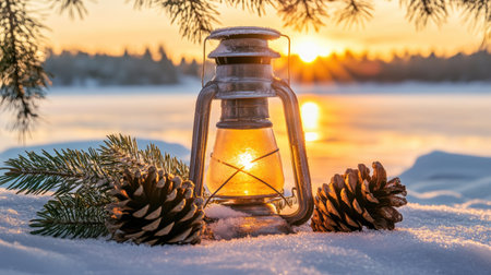 A vintage lantern glows softly on snow, surrounded by pinecones, capturing a serene winter sunset. This peaceful scene embodies warmth in the cold.の素材