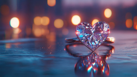 A stunning heart-shaped diamond ring rests on a reflective surface, surrounded by beautiful bokeh lights. This image symbolizes love and elegance, perfect for romantic themes.の素材
