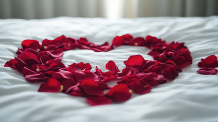 A beautiful arrangement of fresh red rose petals forming a heart shape on a soft bed sheet, ideal for romantic occasions and intimate settings.の素材