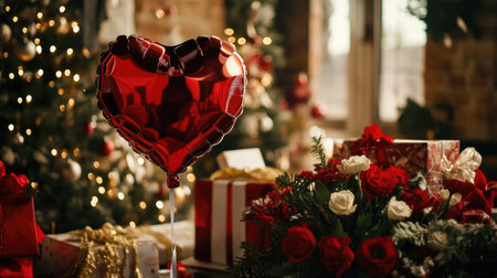 A romantic red heart balloon stands among beautifully wrapped gifts and a festive Christmas tree, evoking a warm and joyful holiday atmosphere filled with love.の素材