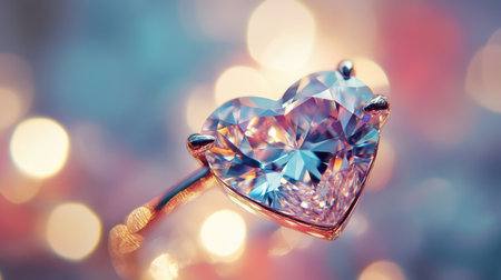 A stunning heart-shaped gemstone ring captures attention with its brilliant sparkle against a soft bokeh background. Perfect for romantic occasions.の素材