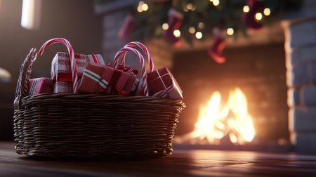 A delightful cozy scene featuring a basket filled with beautifully wrapped Christmas gifts. The warm glow of a fireplace adds to the festive atmosphere.の素材
