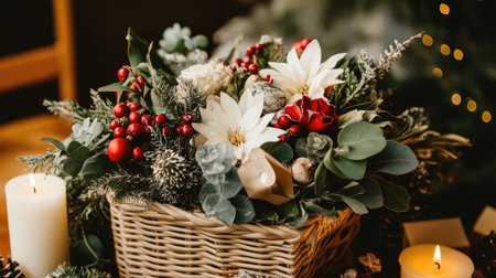 This beautiful holiday floral arrangement features vibrant flowers and greenery in a woven basket. Ideal for festive decorations and winter celebrations.の素材