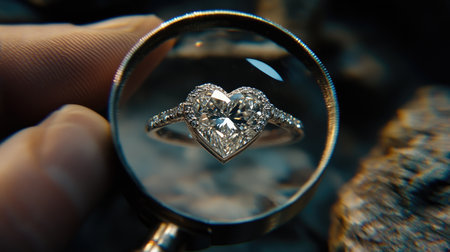 A stunning heart-shaped diamond ring magnified in clear detail. The image showcases the exquisite craftsmanship and sparkling elegance of this luxurious jewelry piece.の素材
