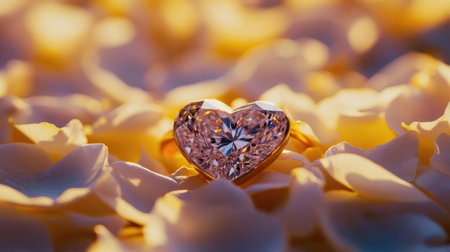 A stunning heart-shaped pink diamond ring rests gracefully on soft flower petals, symbolizing love and luxury. Perfect for romantic occasions and elegant gifts.の素材