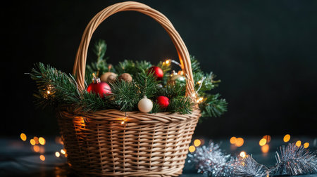 A beautifully arranged basket filled with greenery and colorful ornaments, perfect for holiday celebrations. This festive scene evokes warmth and joy.の素材