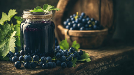 A rustic setting featuring a jar of grape jam surrounded by fresh black grapes and green leaves, perfect for food photography, preserving, and culinary themes.の素材