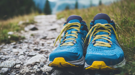 A pair of bright blue running shoes with yellow laces sits on a rocky trail, inviting adventure in a beautiful natural setting. Perfect for outdoor activities.の素材